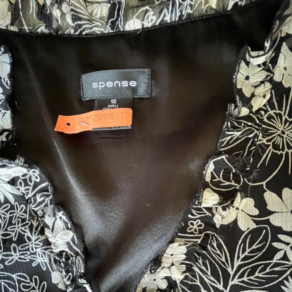 Spense Black White Floral Silk Special Occasion Dress, Satin Sash, 12 - Picture 4 of 9